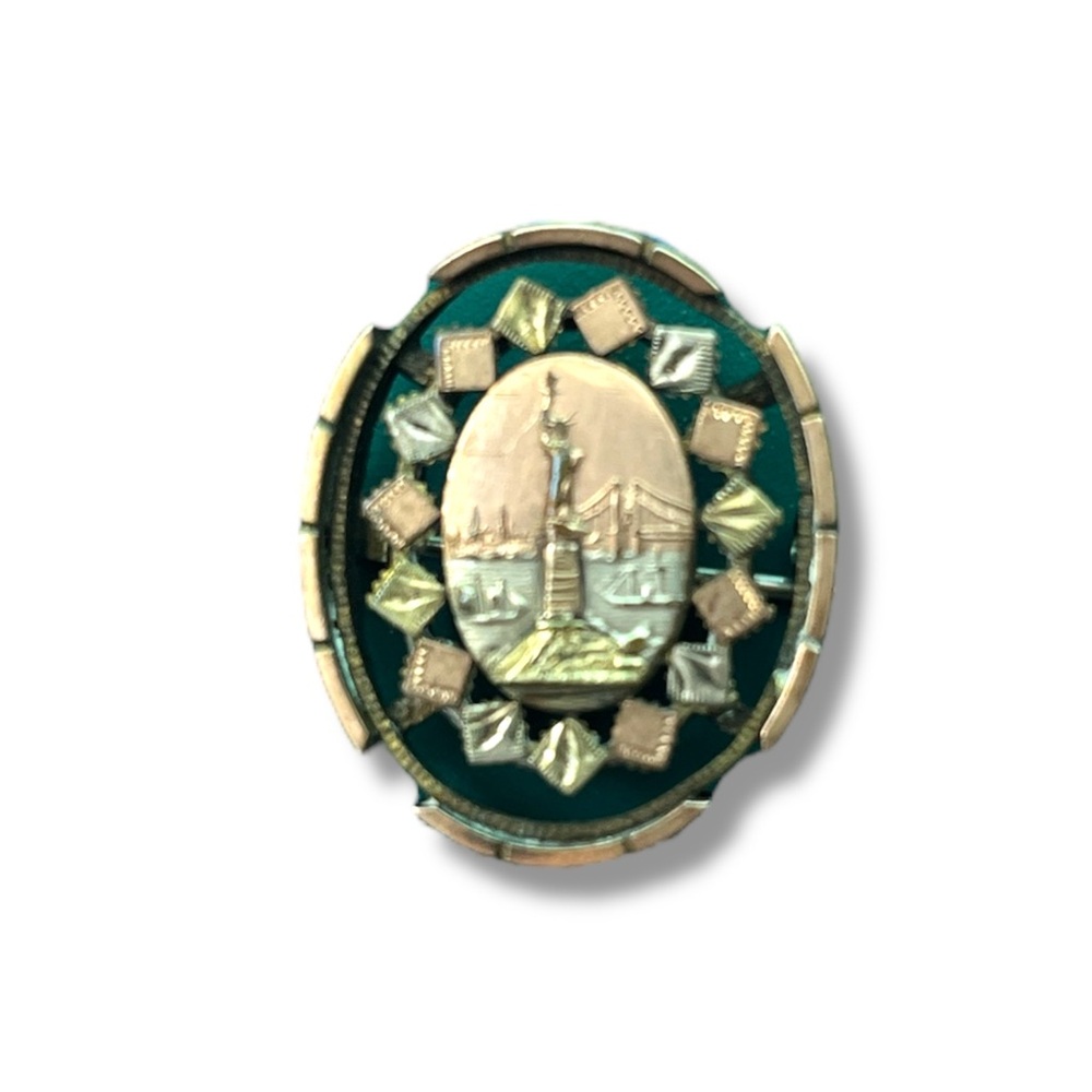 Antique Victorian Gold Filled Statue Of Liberty Brooklyn Bridge NY Oval Pin